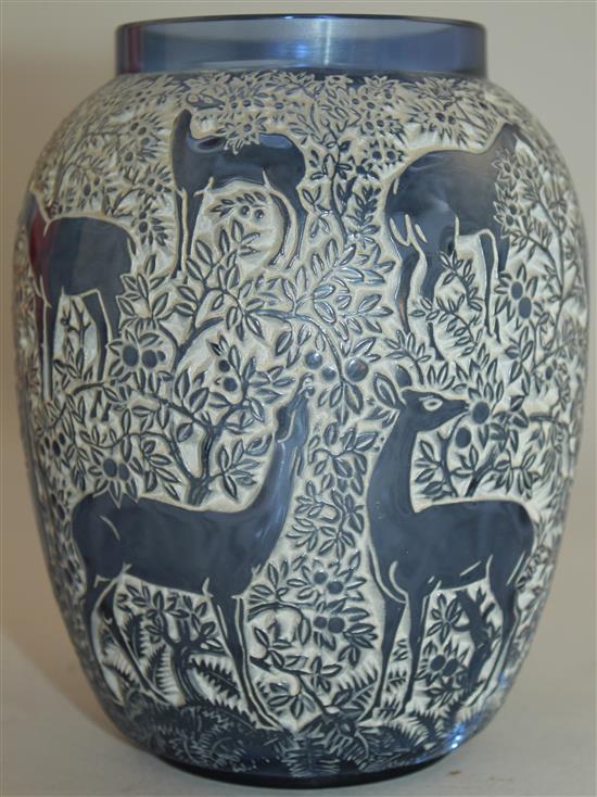 A Rene Lalique Biches cobalt blue glass vase, introduced 1932, 17cm, extensive cracks